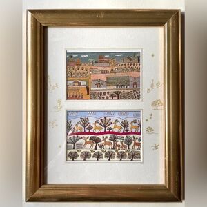 Beautiful framed artwork with hand drawn gold accents vintage judaica Jerusalem